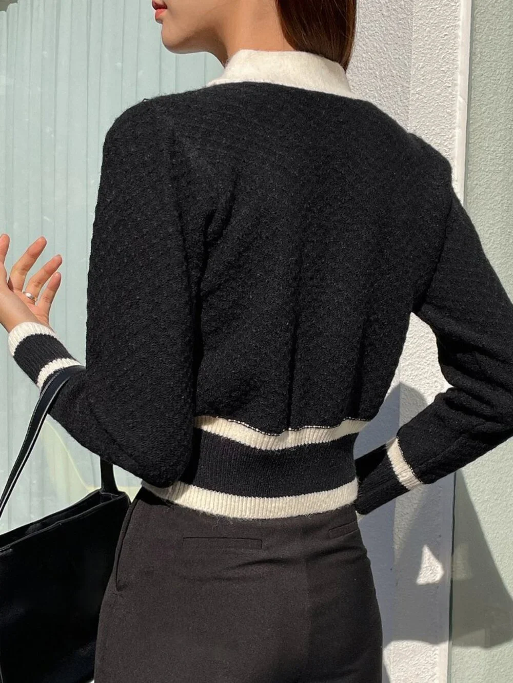 Black Casual Women's Colorblock Long Sleeve Button Design Cardigan